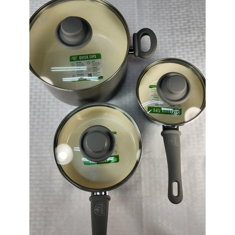 Set NEW Greenlife Healthy Nonstick Ceramic Cookware Dutch Oven & 2 Sauce Pans Li